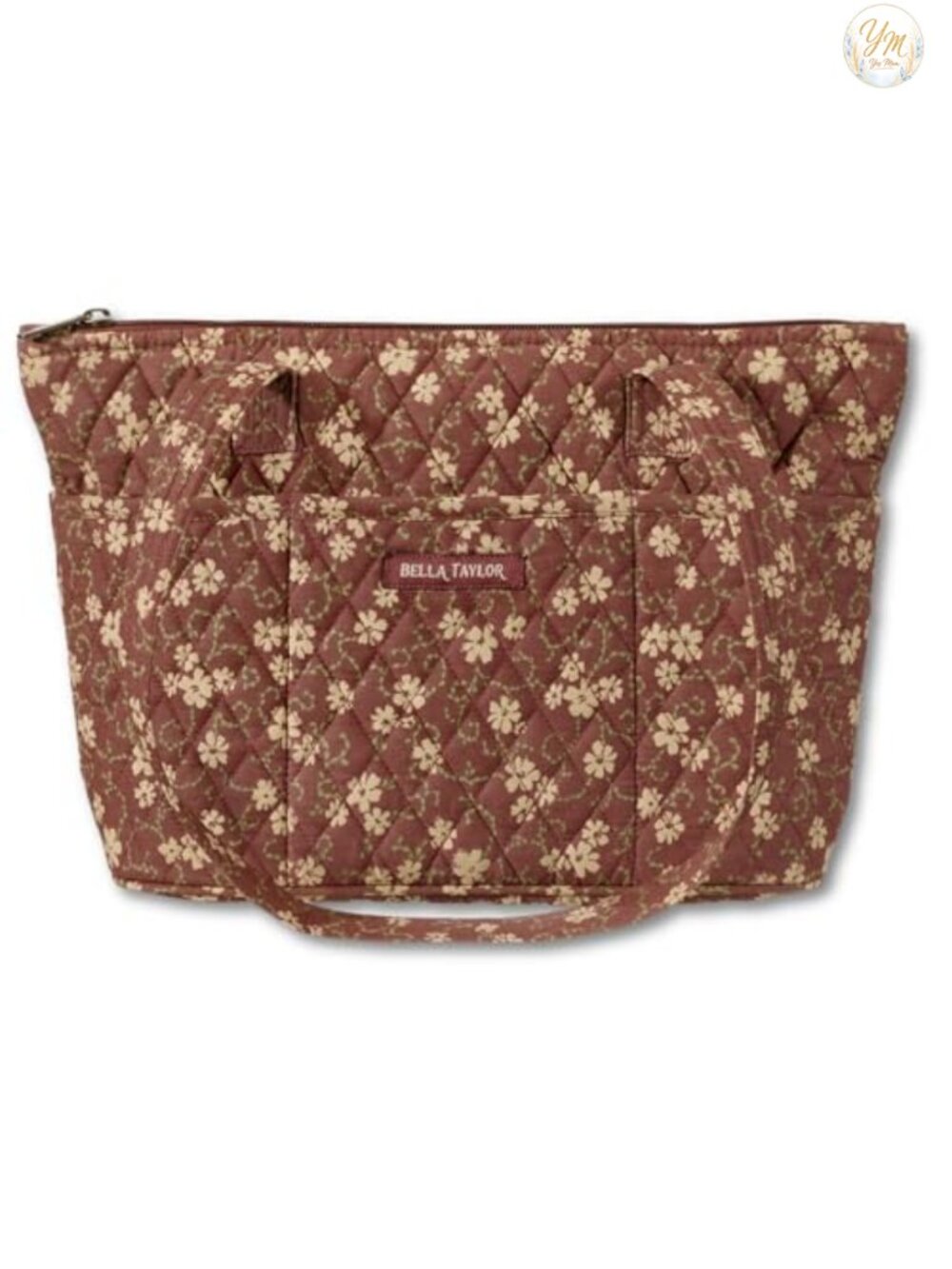 Quilted Cotton Small Tote Bag with 10 Pockets, Zippered Top, Machine Washable